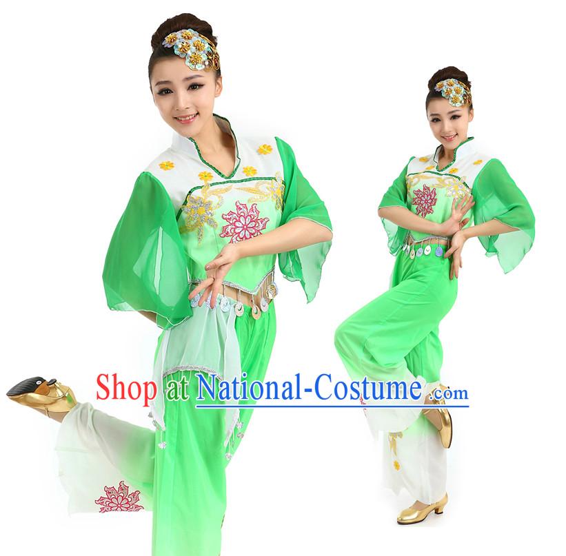 Chinese Green Fan Dancing Costumes Apparel Dance Stores Dance Gear Dance Attire and Hair Accessories Complete Set