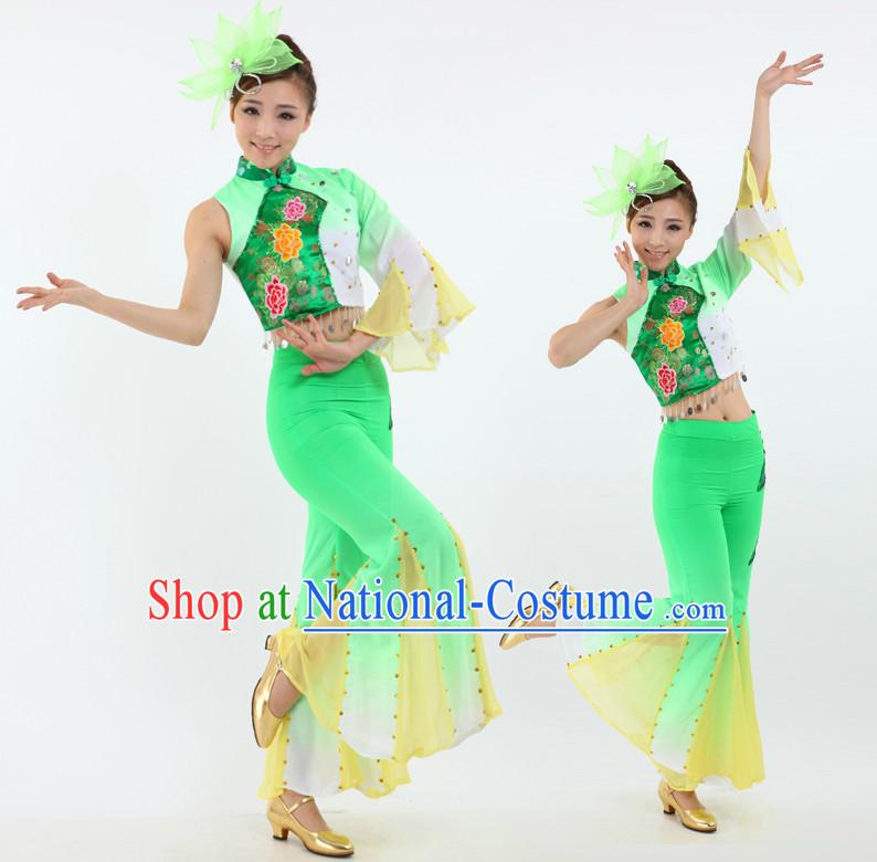 Chinese Fan Dancing Costumes Apparel Dance Stores Dance Gear Dance Attire and Hair Accessories Complete Set for Women