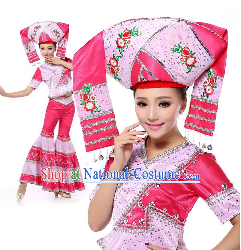 Chinese Stage Zhuang Minority Costumes Apparel Dance Stores Dance Gear Dance Attire and Hair Accessories Complete Set