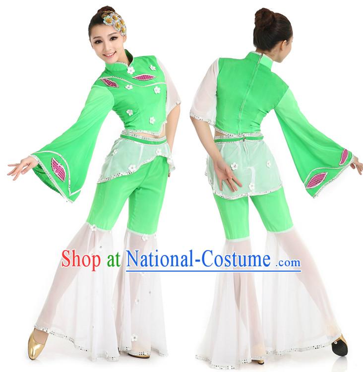 Chinese Stage Fan Costumes Apparel Dance Stores Dance Gear Dance Attire and Hair Accessories Complete Set