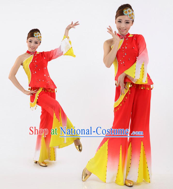 Chinese Stage Fans Costumes Apparel Dance Stores Dance Gear Dance Attire and Hair Accessories Complete Set