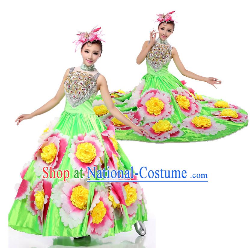 Chinese Stage Costumes Dance Stores Dance Gear Dance Attire and Hair Accessories Complete Set