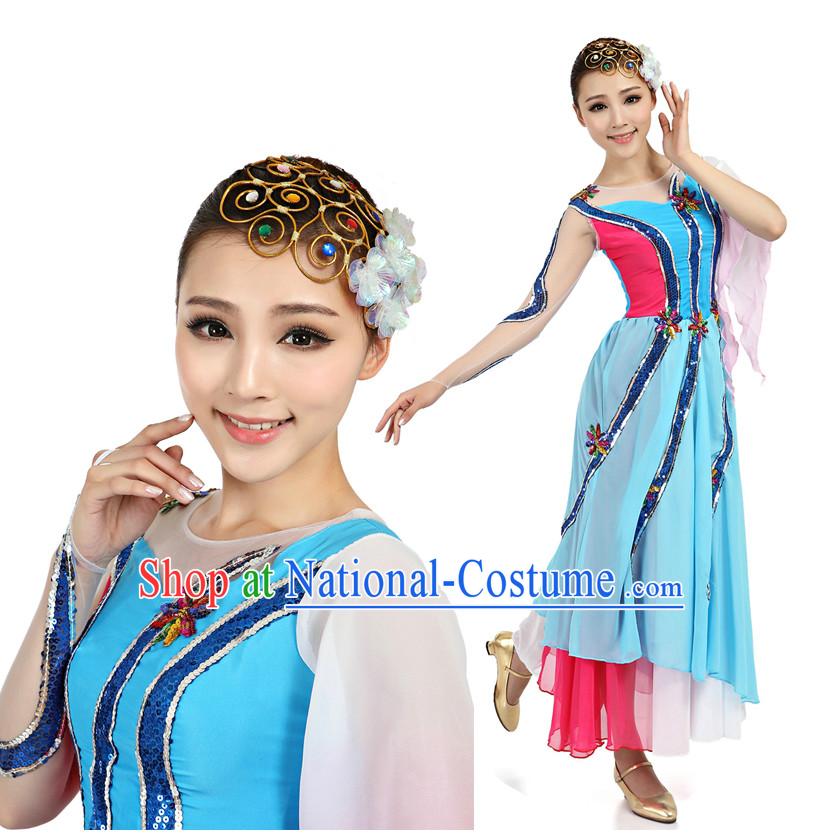 Asian Chinese Professional Stage Costumes Dance Stores Dance Gear Dance Attire and Hair Accessories Complete Set