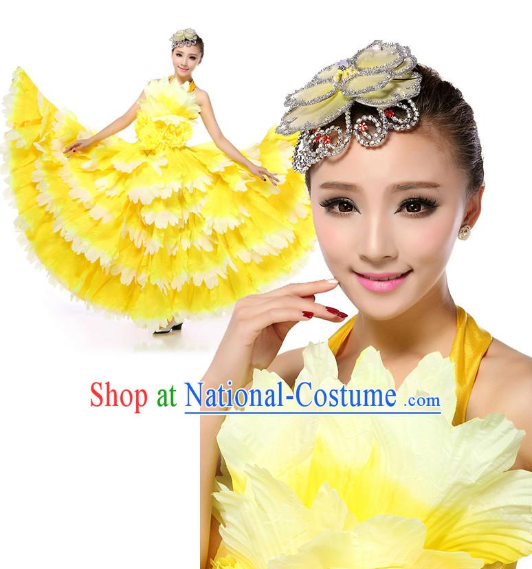 Asian Chinese Petal Dance Costume Dance Stores Dance Gear Dance Attire and Hair Accessories Complete Set