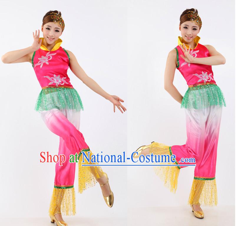 Asian Chinese Fan Dance Costume Dance Attire and Hair Accessories Complete Set