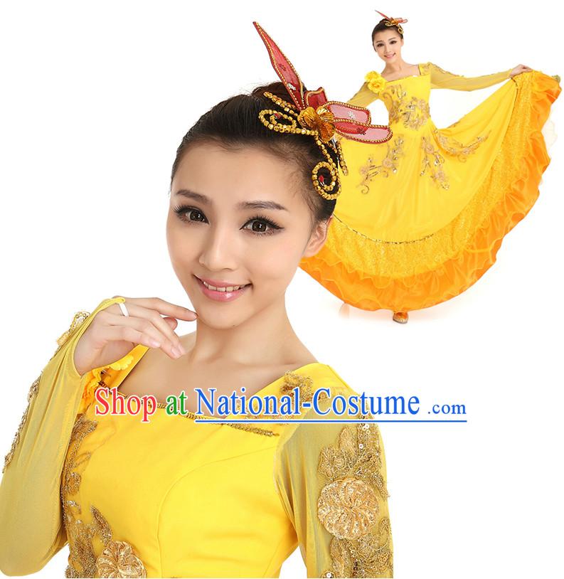 Asian Chinese Fan Dancing Costume Dance Attire and Hair Accessories Complete Set