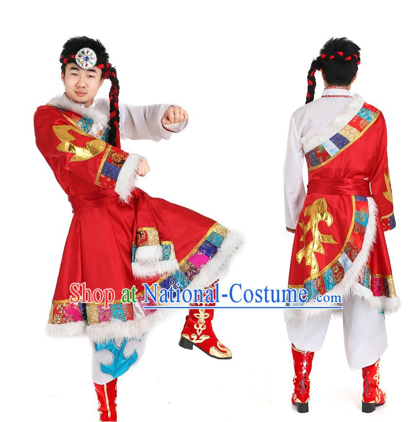 Asian Chinese Mongolian Dancing Costume Dance Attire and Hair Accessories Complete Set