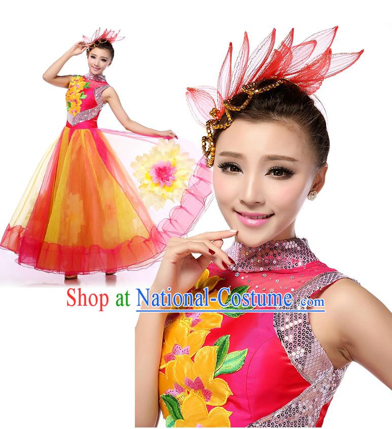 Chinese Stage Opening Dancing Costumes Apparel Dance Stores Dance Gear Dance Attire and Hair Accessories Full Set