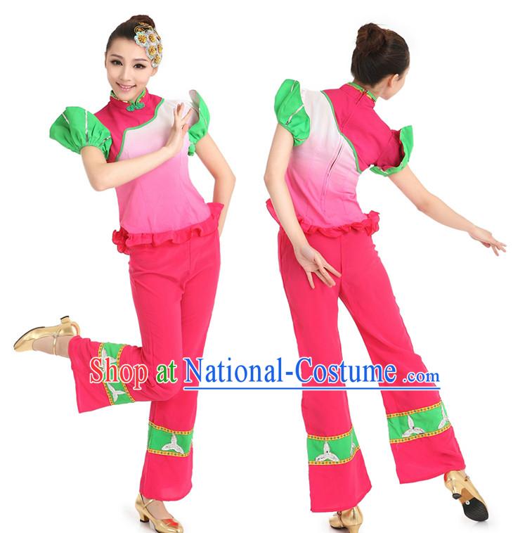 Chinese Fan Dancing Costumes Apparel Dance Stores Dance Gear Dance Attire and Hair Accessories Full Set