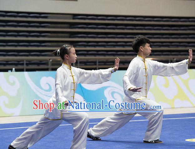 Top White Tai Chi Costumes Taijiquan Costume Aikido Chikung Tichi Uniforms Quigong Uniform Thaichi Martial Art Qi Gong Combat Clothing Competition Uniforms for Women or Men