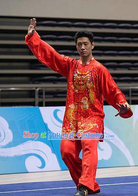 Top Red Dragon Embroidery Tai Chi Costumes Taijiquan Costume Aikido Chikung Tichi Uniforms Quigong Uniform Thaichi Martial Arts Qi Gong Combat Clothing Competition Suit for Men