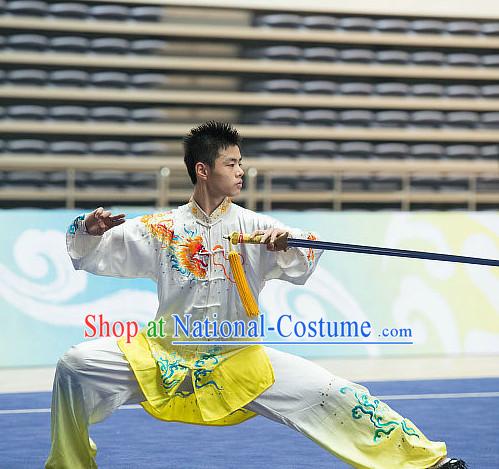 Top Embroidered Tai Chi Sword Championship Costumes Taijiquan Costume Aikido Chikung Tichi Swords Uniforms Quigong Uniform Thaichi Martial Arts Qi Gong Combat Clothing Competition Suits