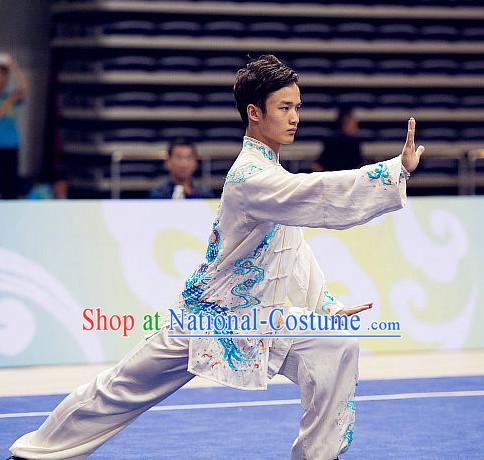 Top Embroidered Dragon Tai Chi Swords Championship Costumes Taijiquan Uniforms Quigong Uniform Thaichi Martial Arts Qi Gong Kung Fu Combat Clothing Competition Clothes for Men