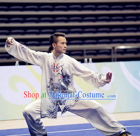 Top Embroidered Dragon Tai Chi Swords Championship Costumes Taijiquan Uniforms Quigong Uniform Thaichi Martial Arts Qi Gong Kung Fu Combat Clothing Competition Clothes for Men