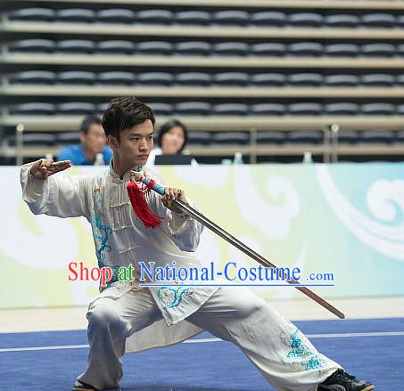 Top Embroidered Tai Chi Sword Championship Costumes Taijiquan Costume Aikido Chikung Tichi Swords Uniforms Quigong Uniform Thaichi Martial Arts Qi Gong Combat Clothing Competition Uniforms