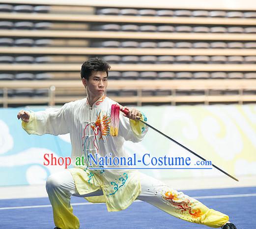 Top Embroidered Tai Chi Sword Championship Costumes Taijiquan Costume Aikido Chikung Tichi Swords Uniforms Quigong Uniform Thaichi Martial Arts Qi Gong Combat Clothing Competition Uniforms