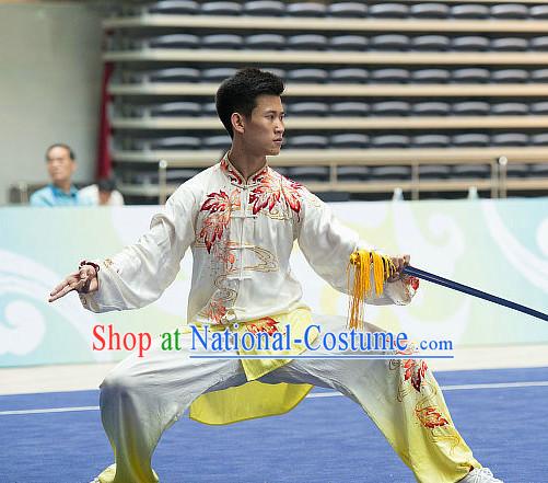 Top Embroidered Tai Chi Sword Championship Costumes Taijiquan Costume Aikido Chikung Tichi Swords Uniforms Quigong Uniform Thaichi Martial Arts Qi Gong Combat Clothing Competition Uniforms