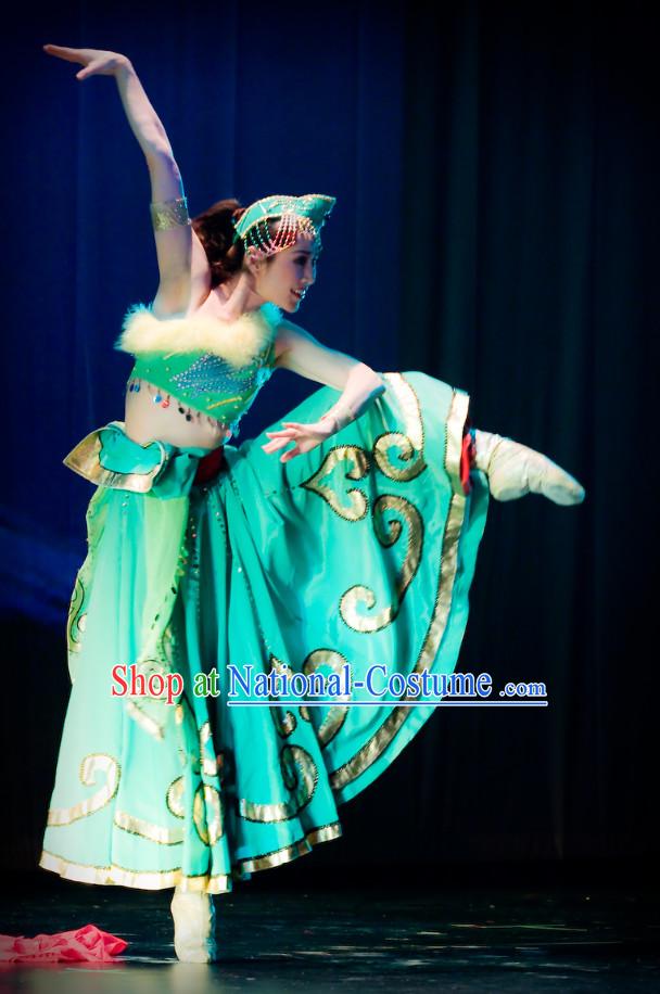 Professional Chinese Stage Performance Ethnic Dancing Costumes and Headwear Complete Set