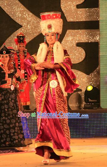 Chinese Ethnic Mongolian Empress Costumes and Hat Complete Set for Women