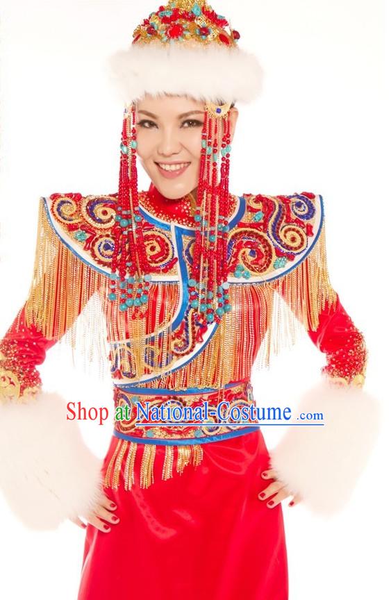 Chinese Ethnic Mongolian Princess Costumes and Hat Complete Set for Women