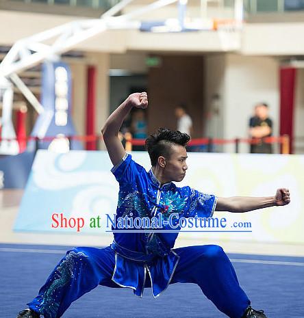 Top Blue Embroidered Dragon Chinese Southern Fist Kung Fu Uniform Martial Arts Uniforms Kungfu Suits Competition Costumes Complete Set