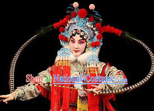 Chinese Classical Beijing Opera Mandarin Heroine Phoenix Hat and Peacock Feathers Long Pheasant Tail Feathers