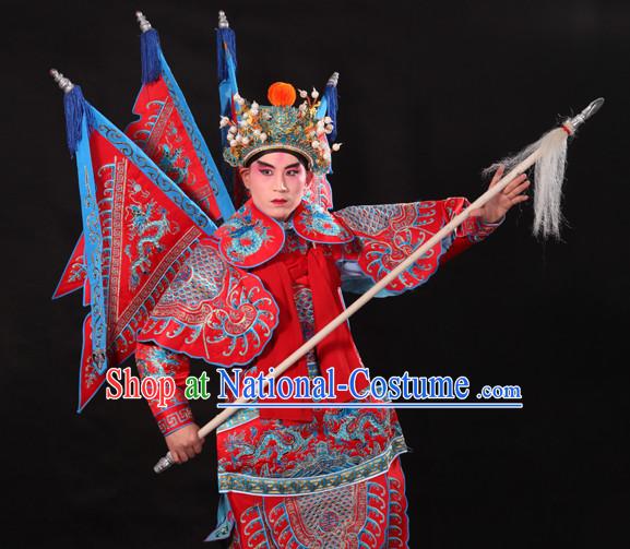 Chinese Beijing Opera Wu Sheng Fighting or Military Character Armor Costumes Flags and Helmet Full Set for Men