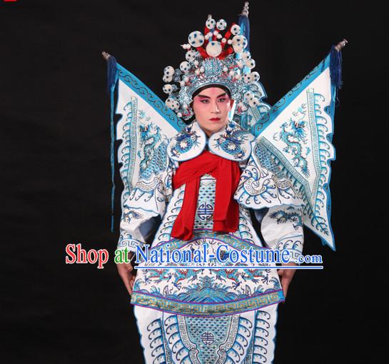 Chinese White Beijing Opera Wu Sheng Fighting or Military Character Armor Costumes Flags and Helmet Full Set for Men