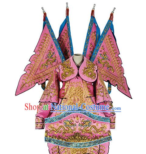 Chinese Pink Theatrical Costume Beijing Opera Costumes Peking Opera Wu Sheng Embroidered Armor Costumes and Flags for Men