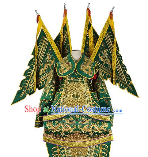 Chinese Green Theatrical Costume Beijing Opera Costumes Peking Opera Wu Sheng Embroidered Armor Costumes and Flags for Men