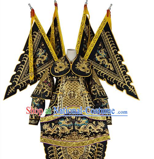 Chinese Black Theatrical Costume Beijing Opera Costumes Peking Opera Wu Sheng Embroidered Armor Costumes and Flags for Men