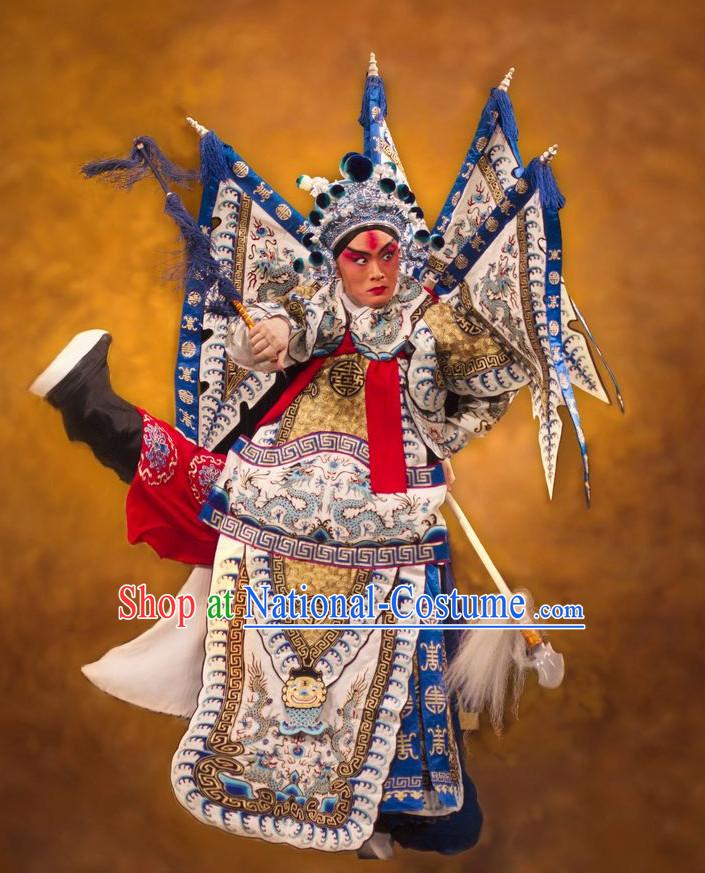 Chinese White Theatrical Costume Beijing Opera Costumes Peking Opera Wu Sheng Embroidered Armor Costumes and Flags for Men