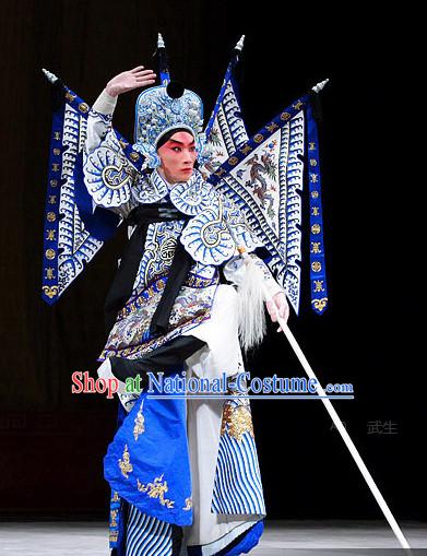 Chinese Theatrical Costume Beijing Opera Costumes Peking Opera Wu Sheng Warrior Costumes Flags and Hat Complete Set for Men