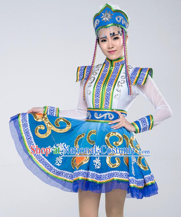 Asian Mongolian Dancing Costumes and Hat Complete Set for Women