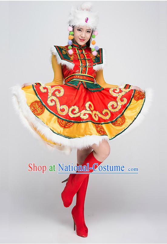 Asian Mongolian Dancing Costumes and Hat Complete Set for Women