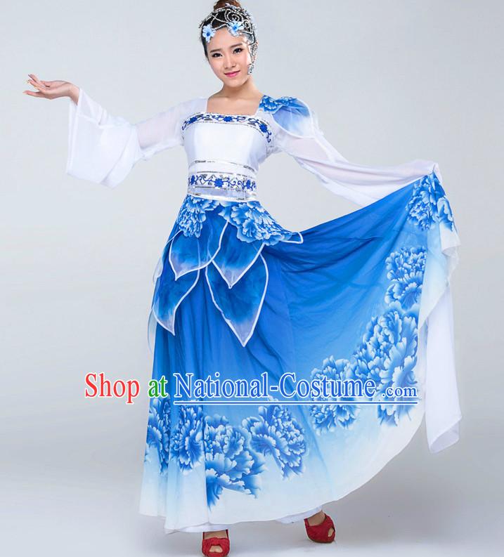 Traditional Chinese Blue and White Classical Dance Costumes Complete Set for Women