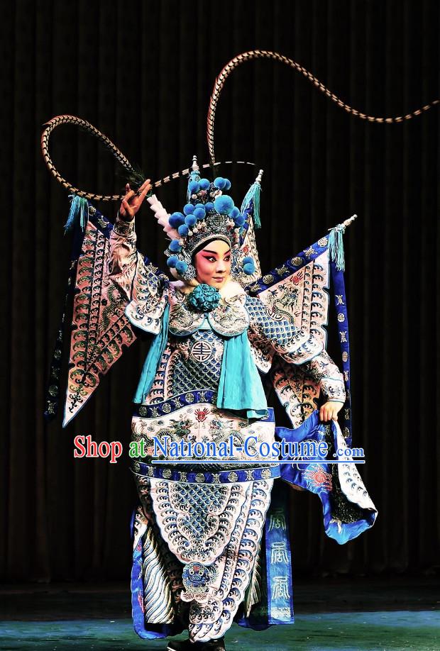 Asian Chinese Beijing Opera Peking Opera Mu Guiying Female Superhero Costumes and Helmet Complete Set