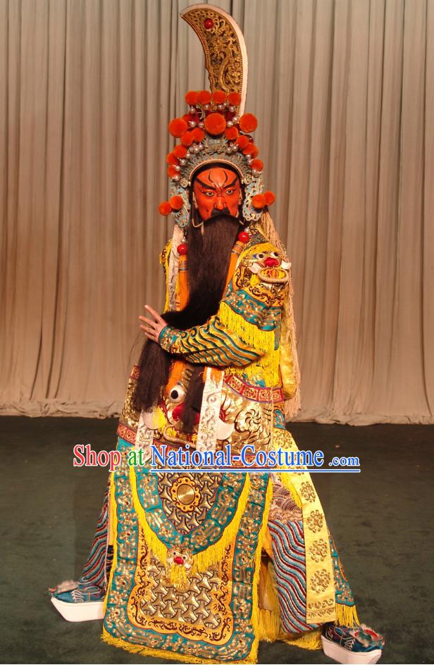 Chinese Ancient Beijing Opera Peking Opera Guann Gong Guan Yu Superhero Costumes and Hat Complete Set for Men