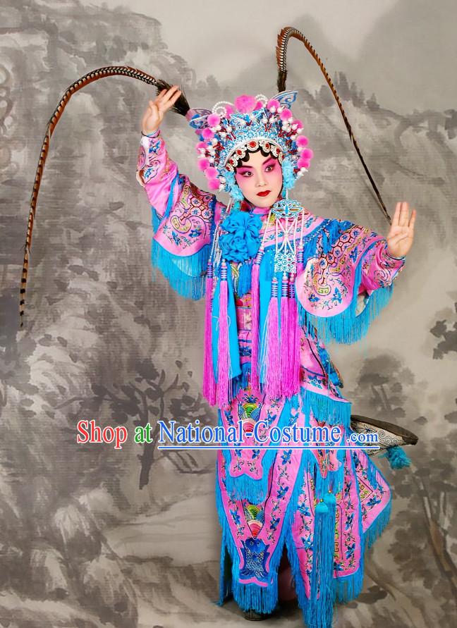 China Beijing Opera Peking Opera Empress Phonenix Costumes and Long Pheasant Tail Feathers Helmet Complete Set for Women