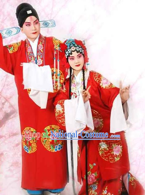 Chinese Peking Opera Beijing Opera Husband and Wife Wedding Costumes and Headwear 2 Sets