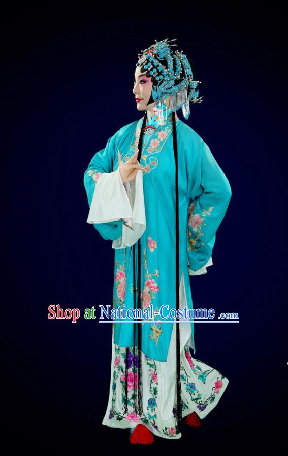 Chinese Peking Opera Beijing Opera Hua Tan Long Robe and Skirt Costumes and Hair Accessories Complete Set for Women