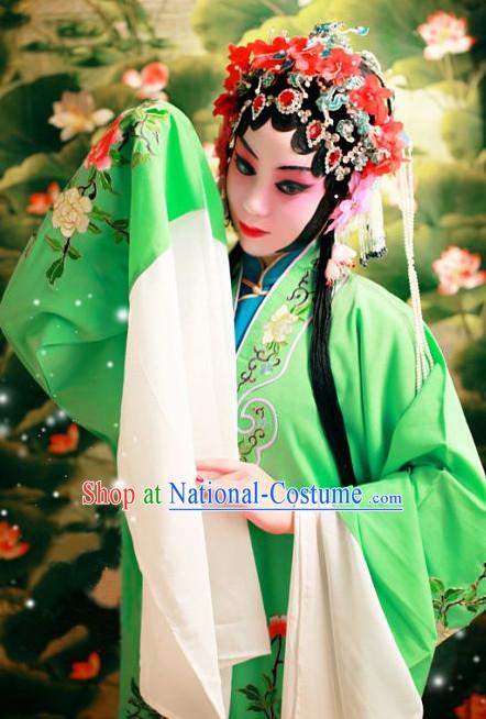 Green Chinese Beijing Opera Hua Dan Hua Tan Costumes and Hair Accessories Complete Set for Women