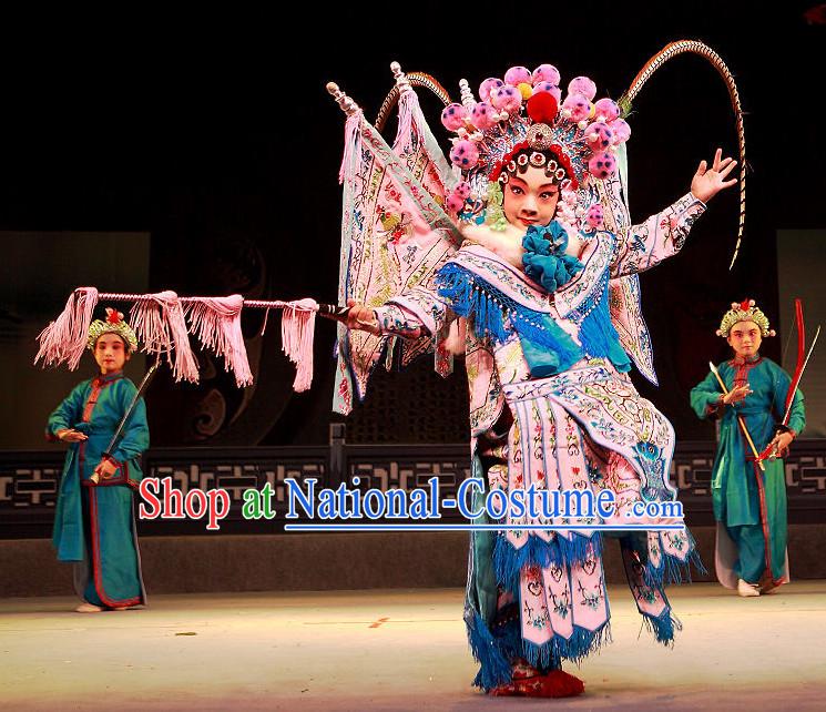 Chinese Beijing Opera Peking Opera Wu Tan Wu Dan Armor Fighting Costumes and Hair Accessories Complete Set for Kids