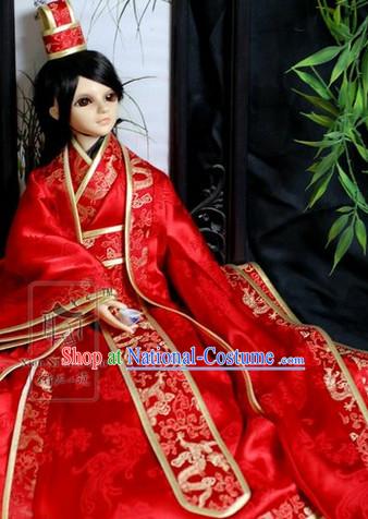 Chinese Red Folk Wedding Dress and Hat for Bridegrooms