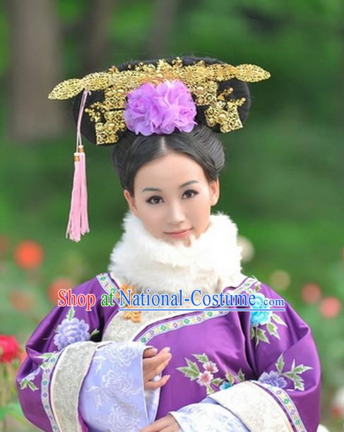 Chinese Qing Dynasty Empress Long Robe Folk Dress and Headpieces Complete Set for Women