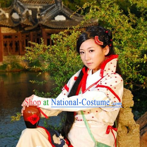 Chinese Traditional Swordswoman Costumes and Headpieces Complete Set