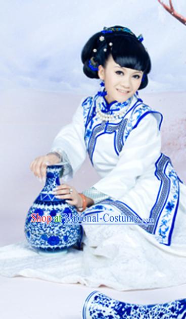 Blue and White Chinese Folk Dress and Headpieces Complete Set for Ladies