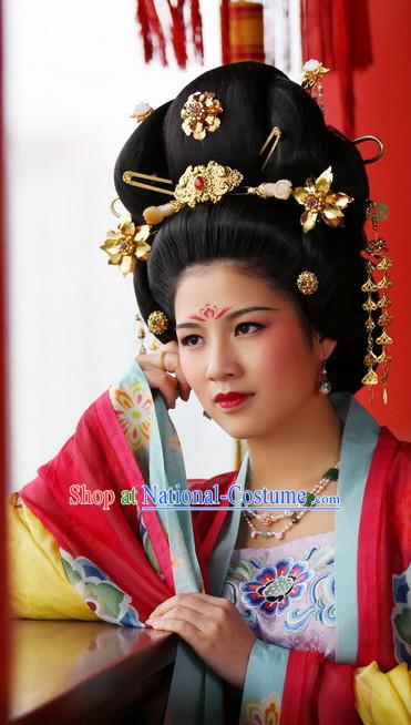 Chinese Traditional Tang Dynasty Black Wig and Hair Accessories