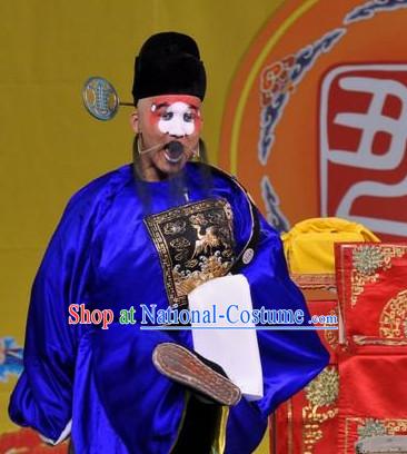 Blue Chinese Traditional Peking Opera Clown Official Costumes and Hat Complete Set for Men