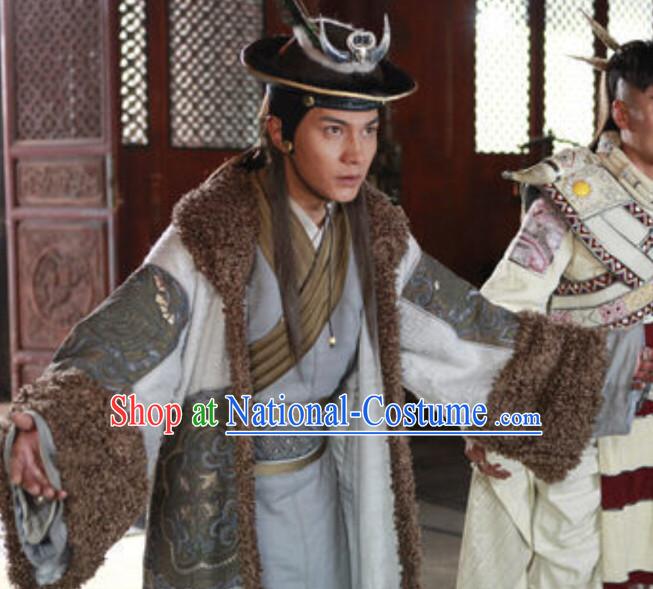 Chinese Ancient Ethnic Minority King Costumes and Headwear Complete Set for Men